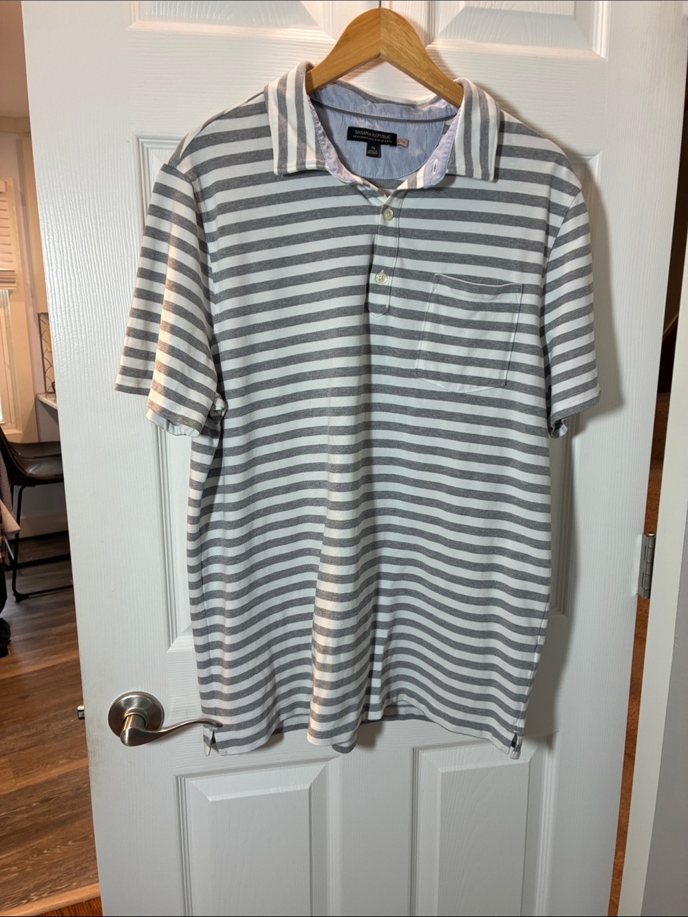 Banana Republic Gray and White Striped Polo with Chest Pocket